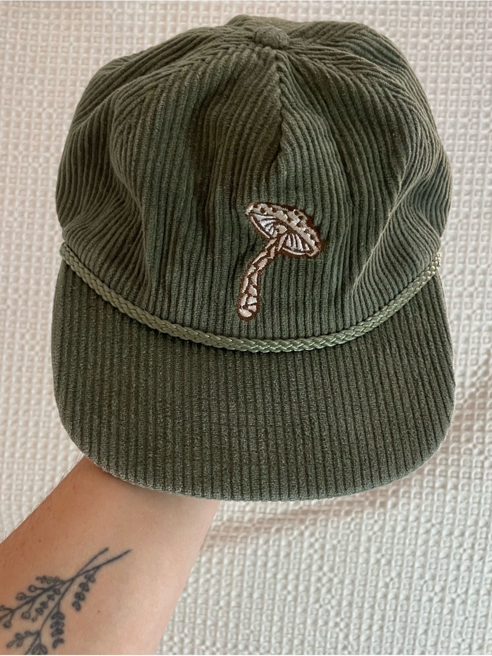Corduroy Cap with Mushroom Embroidery in Olive Green